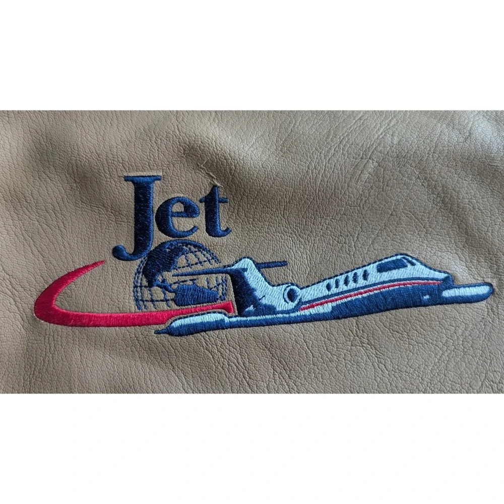 Rare Vintage Aviation Private Jet Embroidered Tan Leather Drawstring Pouch 16x12